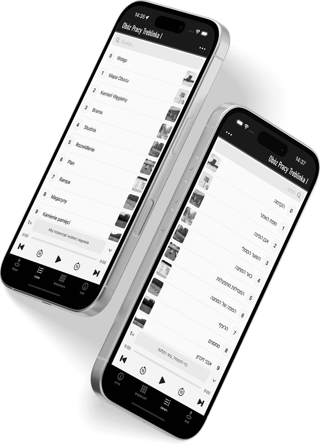 aplikacja audioprzewodnikowa uruchomiona na telefonach iPhone i Android. Na pierwszym telefonie widoczny ekran prezentujący zdjęcie oraz opis wnętrza Zamku w Łańcucie, na drugim telefonie widoczna jest mapa Parku Etnograficznego w Wgiełzowie.
